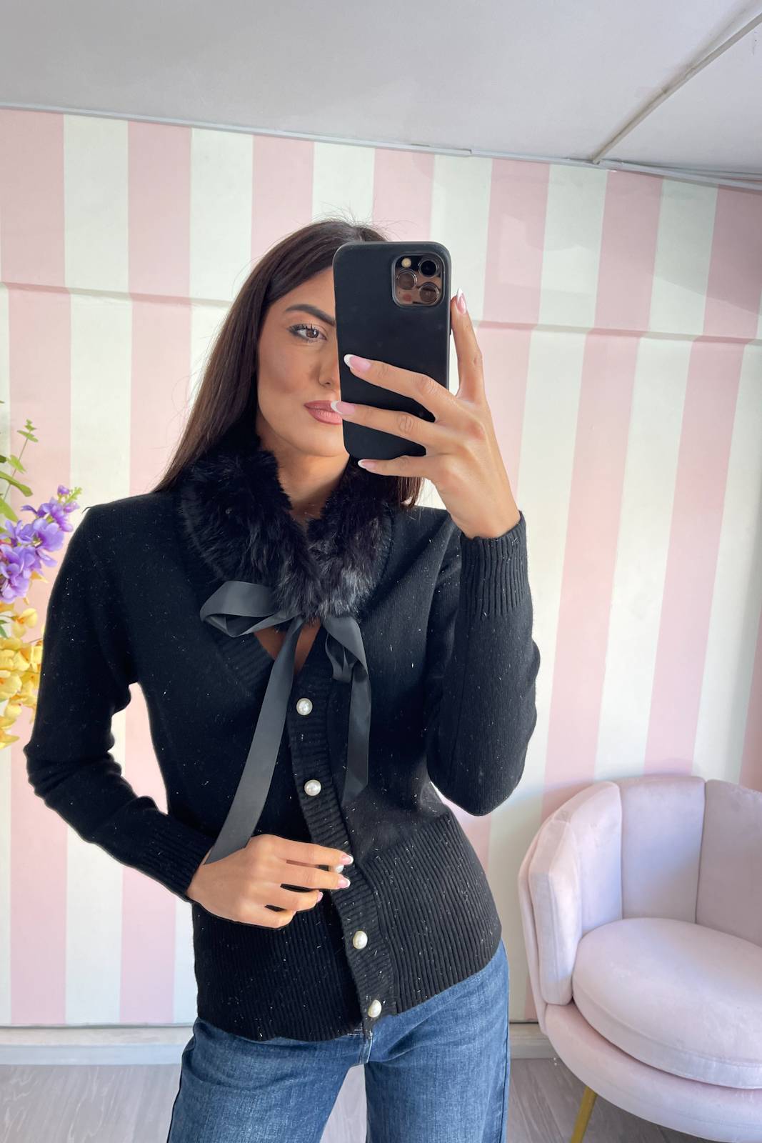 STORIA CARDIGAN GIOIELLO CON COLLETTO IN ECO-PELLICCIA